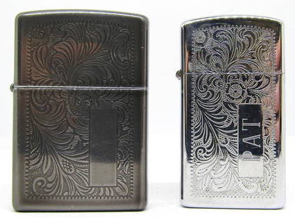 (2) 1981 & 1997 FILIGREE ZIPPOS!: ONE ENGRAVED "PAT" ONE DARK COLORED!