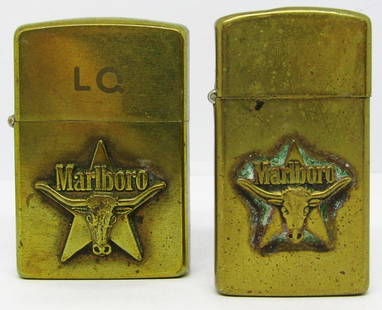 199 &1992 MARLBORO GOLD TONED ZIPPO LIGHTER!: ONE "L Q" ENGRAVED, ONE ENGRAVED "JMN"