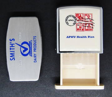 (2) ZIPPO LOT!: ONE MONEY CLIP KNIFE "SMITHS DAIRY PRODUCT" ONE PILL BOX " APWU HEALTH PLAN"