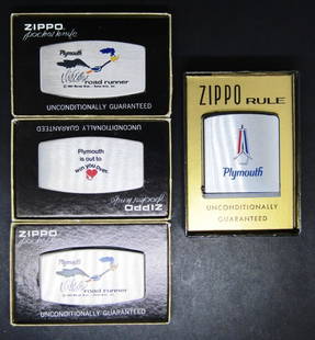 (4) ZIPPO LOT!: ONE POCKET KNIFE "PLYMOUTH" TWO MONEY CLIP KNIFE "PLYMOUTH ROAD RUNNER " ONE MEASURING TAPE " PLYMOUTH"