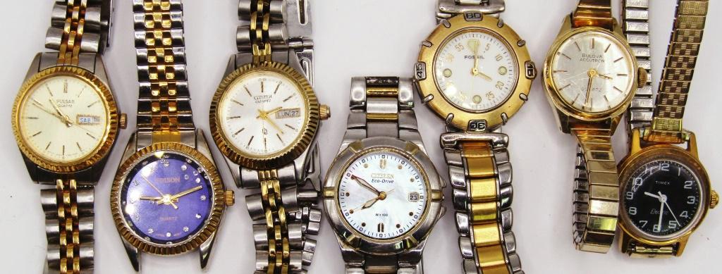 (7) Vintage Wristwatches! Citizen, Fossil, Edison,: Pulsar, Bulova Accutron, Timex Electric: Untested! 3 Day/Date!