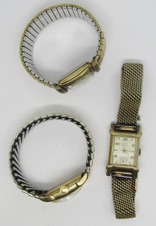 VINTAGE mens watches, set of 3: Elgiin and Chaton Brand watchs, all square faces gold toned mens watches - not tested