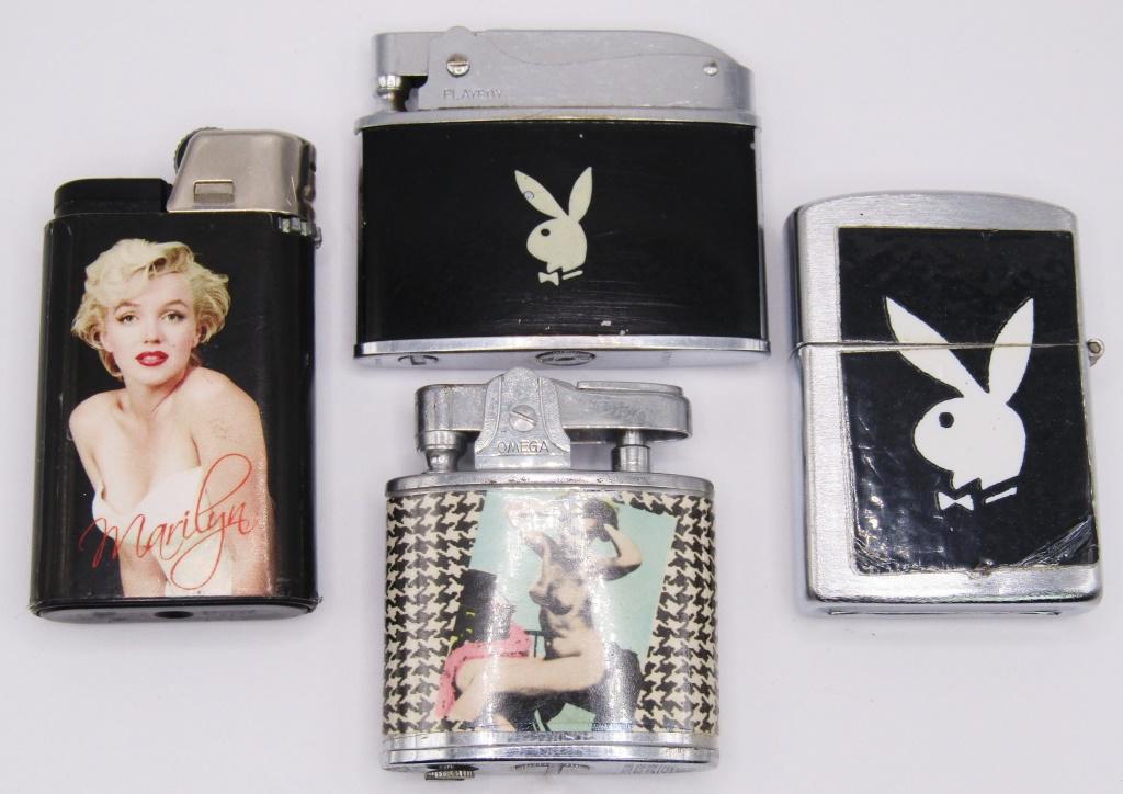 (4) Vintage Advertising Lighters; Marilyn Monroe,: 2 Playboy Bunny (Flip Top & Flat), 1 Omega Nude Woman Advertising