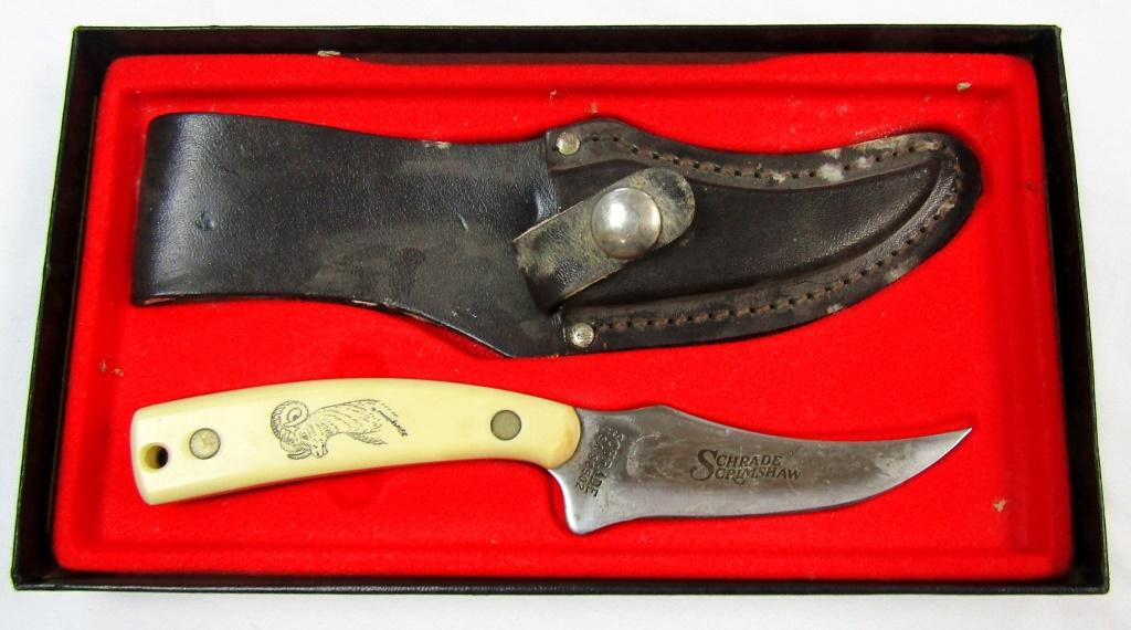 1981 Shrade Scrimshaw Sharp Finger Blade & Sheath: Great Outdoor Series Shrade Scrimshaw w/ Ram scene complete with sheath and box