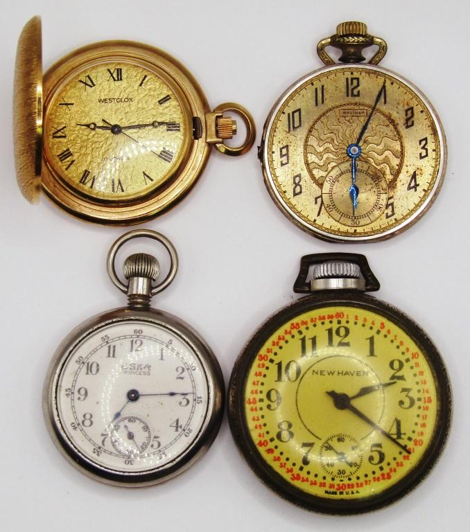 (4) Vintage Pocket Watches; New Haven, Westclox,: Eska Princess, Waltham; Untested!