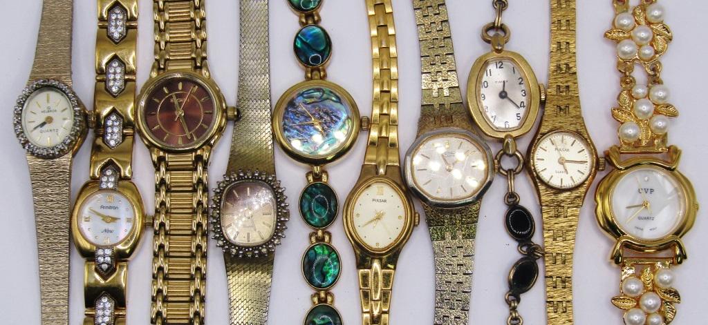 (10) Vintage Women's Wristwatches; Elgin,: Seiko, Pulsar, Timex, Jules Jurgensen, Helbros, Armitron; Untested!