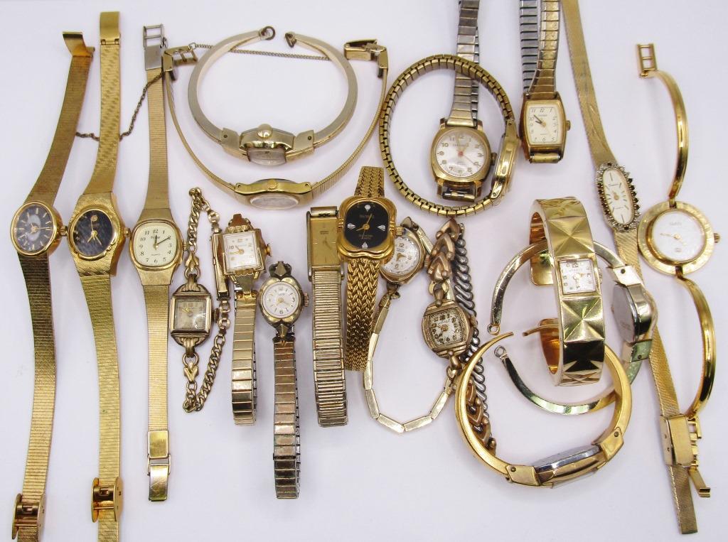 (20) Vintage Gold Toned Wristwatches! Caravelle,: Gruen, WestField, Broadway, Bulova, Elgin, Pulsar, Sharp, Slava, Benrus, Timex, Deauville, Gucci; Untested!