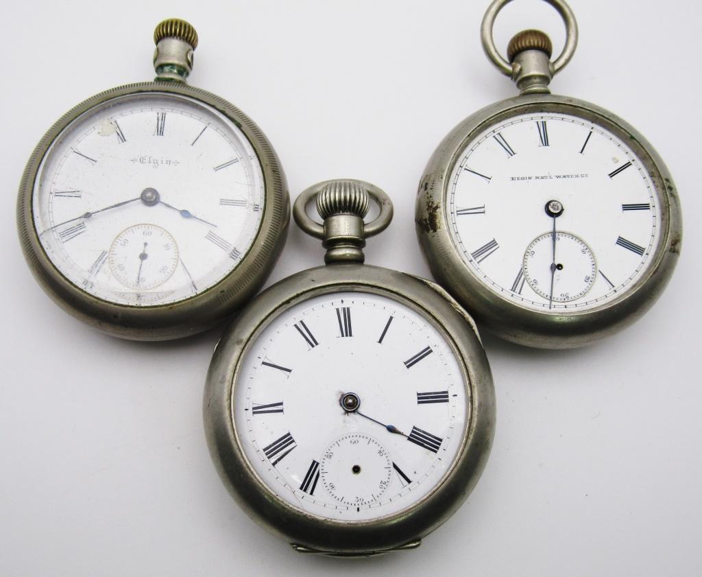 (3) 18 SIZE ANTIQUE POCKET WATCHES: (2) ELGIN (1) NO NAME - PARTS/REPAIR