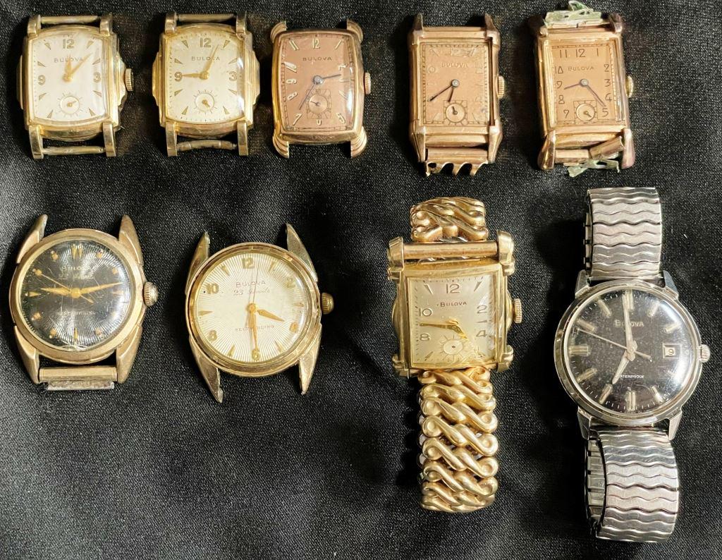 9 Bulova Gents Watches!: For Parts or Repair; Now Running!