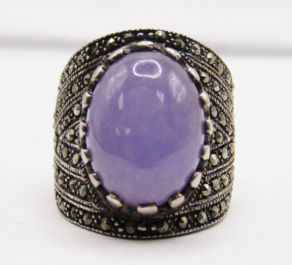 STERLING MARCASITE RING WITH VIOLET JADE (1 of 4)