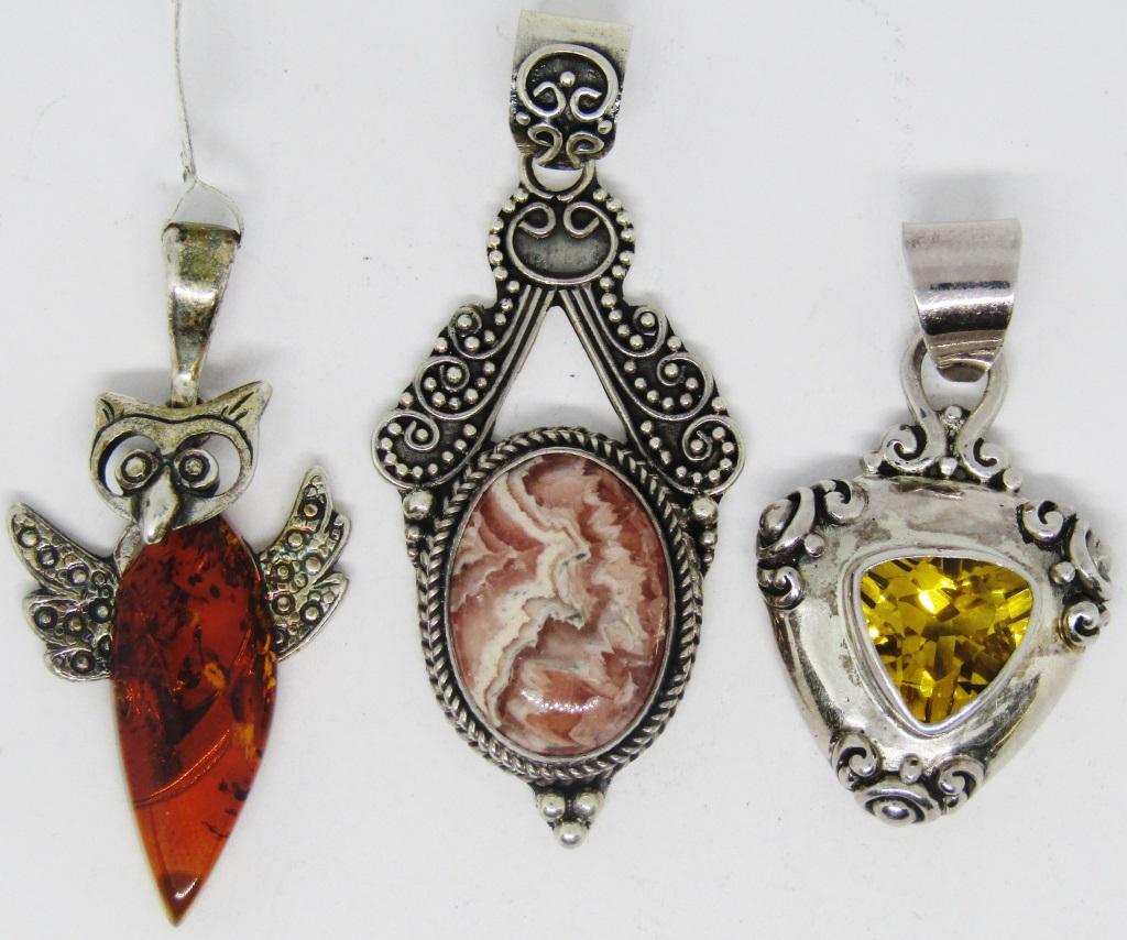 3-VTG STERLING FASHION PENDANTS-SOME W/ TAGS!: (1)MARCASITE OWL WITH BALTIC AMBER (1)WITH PINK MARBLE CENTER STONE (1)TRIANGLE WITH YELLOW CENTER STONE-TOTAL 13 DWT