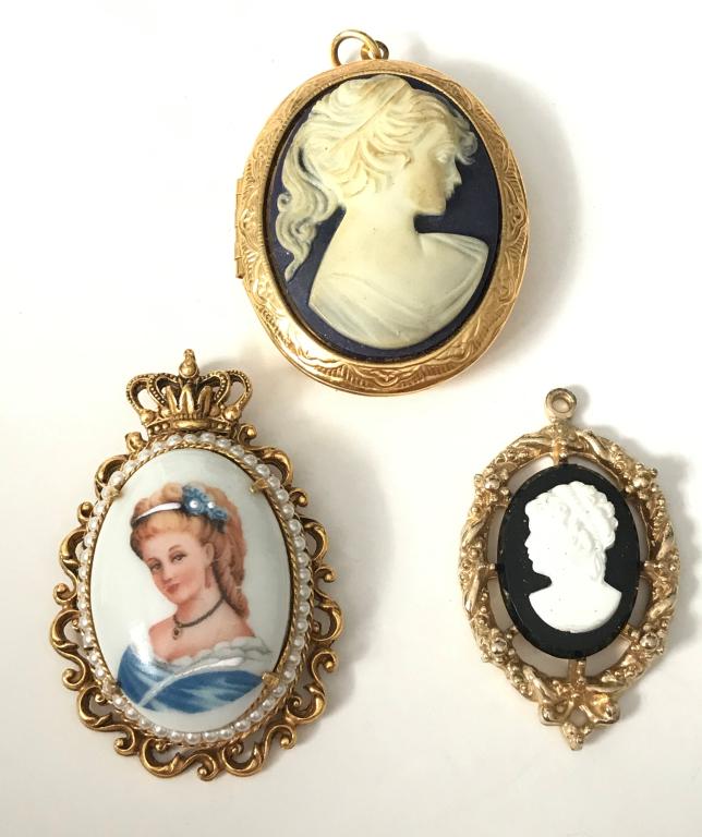 3 PENDANTS - CAMEO - 1 JUDY LEE VINTAGE!: ONE IS A LOCKET!