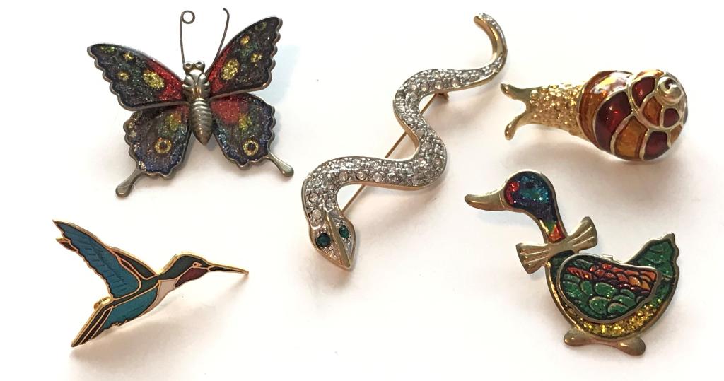 5 ANIMAL BROOCHES- FANCY!: SNAKE, BUTTERFLY, DUCK, HUMMINGBIRD, SNAIL