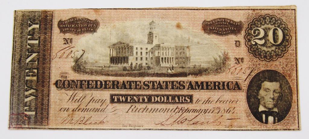 1864 $20 CONFEDERATE STATES of AMERICA: VERY NICE CIRC