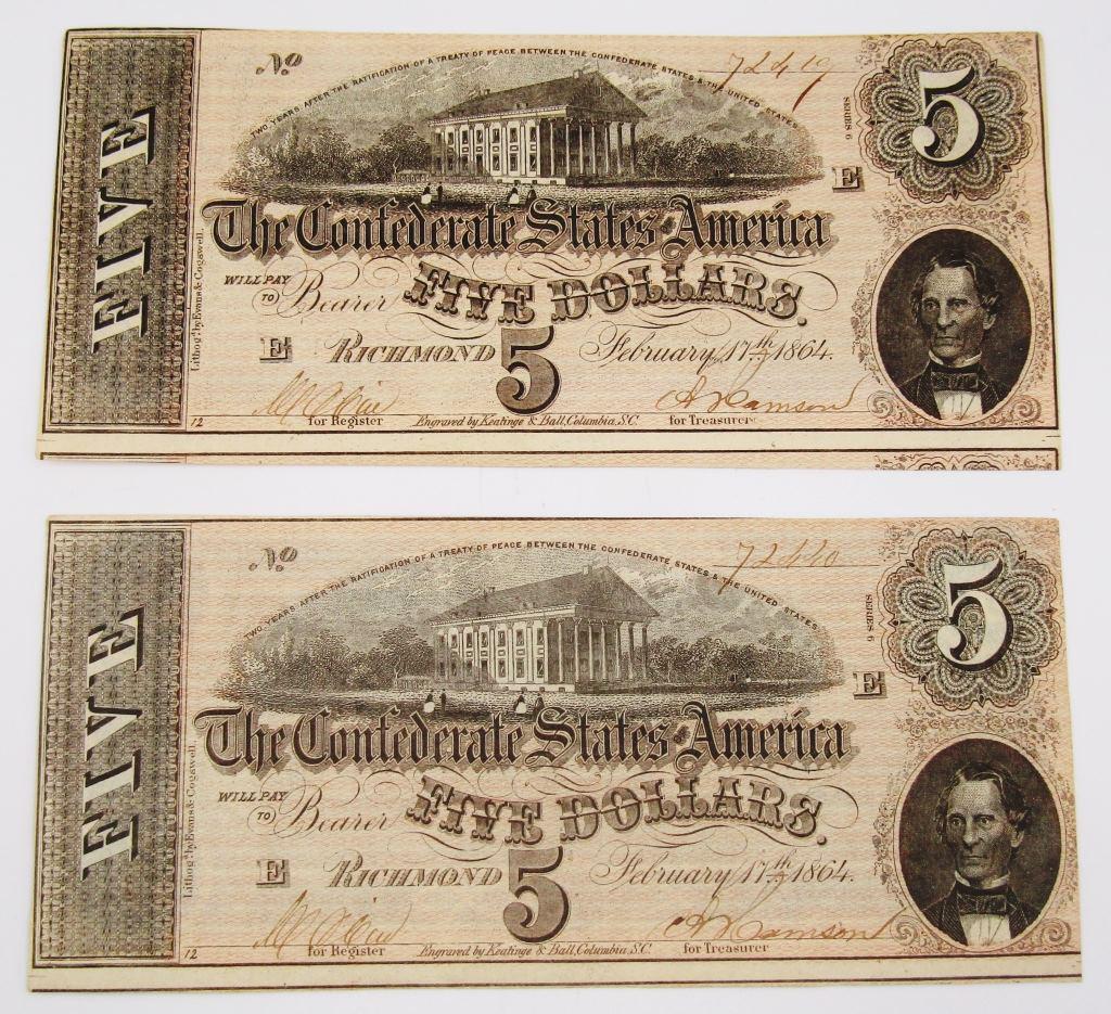 (2) 1864 $5 CONFEDERATE STATES of AM (1 of 2)