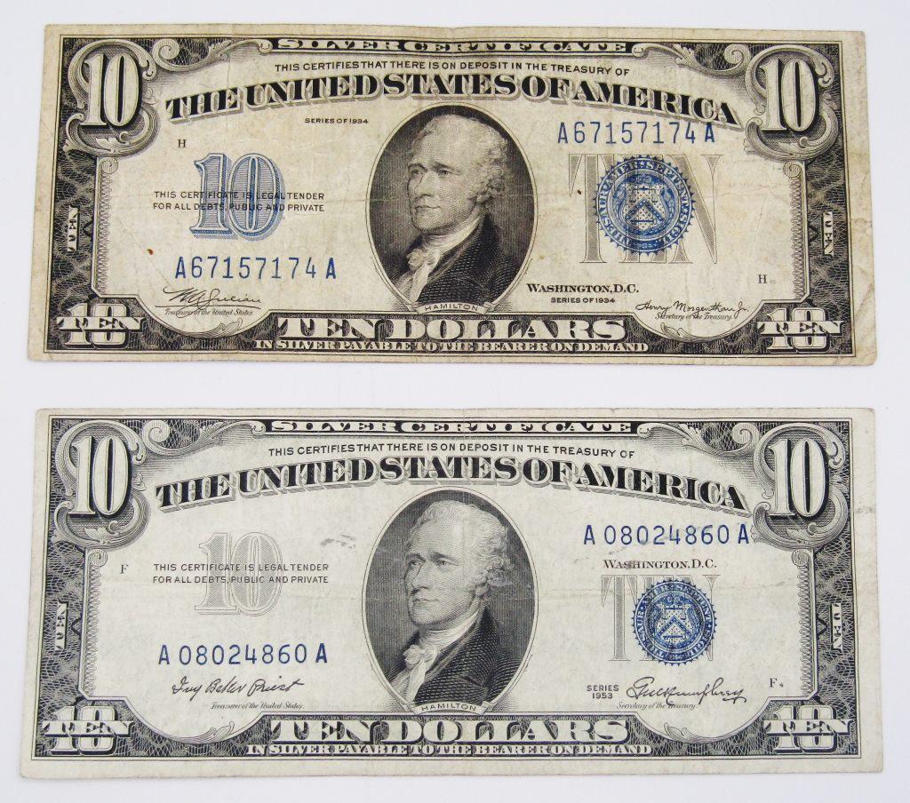 (2) $10 SILVER CERTIFICATES 1934 & 1953 (1 of 2)