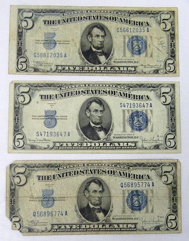 (3) 1934 $5 SILVER CERTIFICATES (1 of 2)