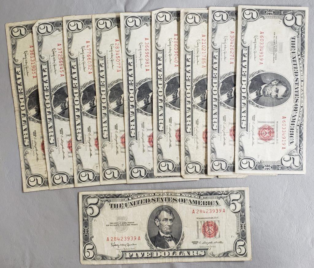 (10) 1963 $5 RED SEAL U.S. NOTES (1 of 2)