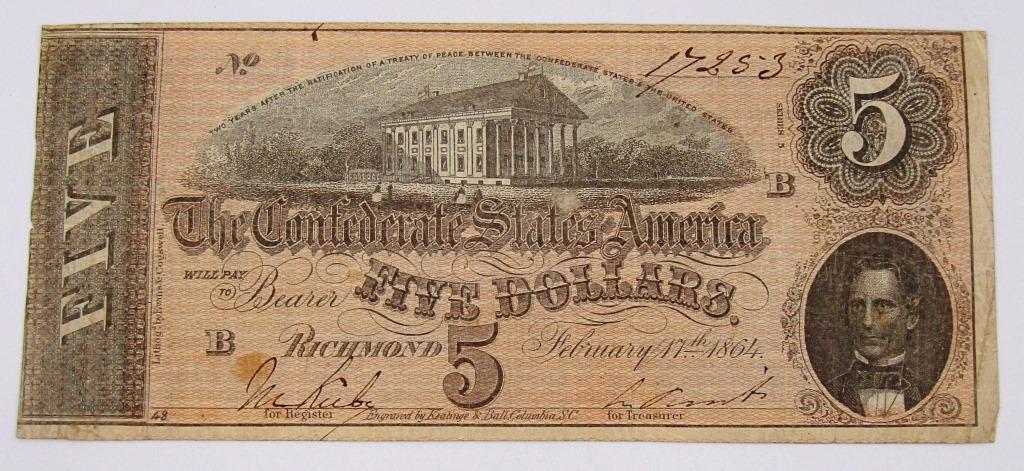 1864 $5 CONFEDERATE STATES of AMERICA: VERY NICE CONDITION - RICHMOND VA