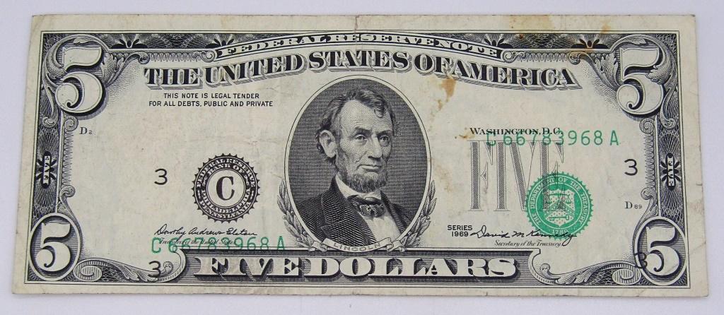 1969 $5  FRN "ERROR NOTE" SERIAL# (1 of 2)
