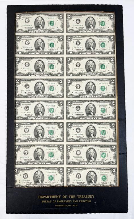 1976 $2 "STAR NOTE" UNCUT SHEET of 16 BILLS (1 of 3)