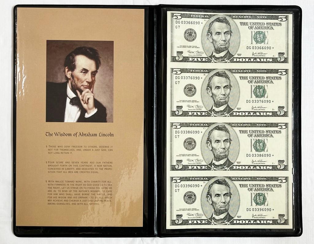 2003 $5 "STAR NOTE" UNCUT SHEET of 4 (1 of 3)
