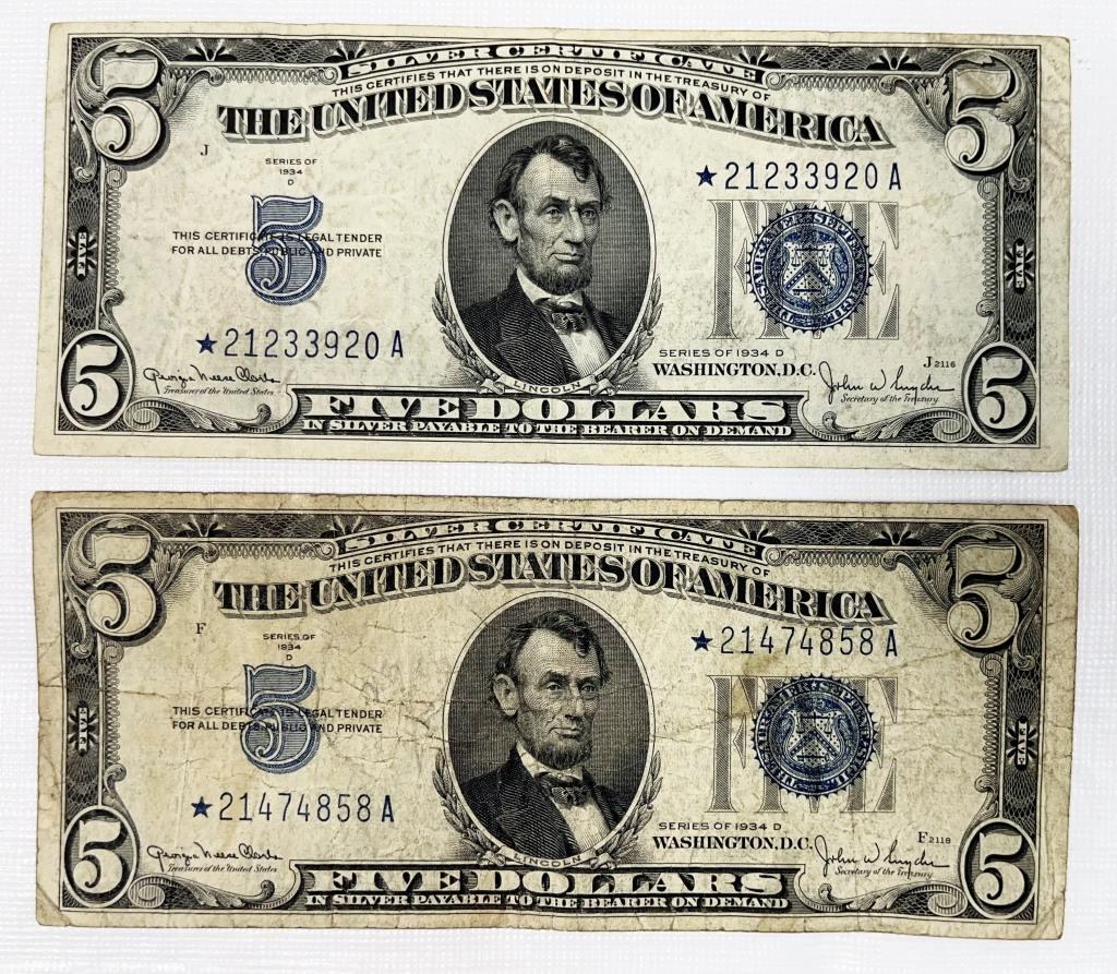 (2) 1934 $5 "STAR NOTE" SILVER CERTIFICATES (1 of 2)