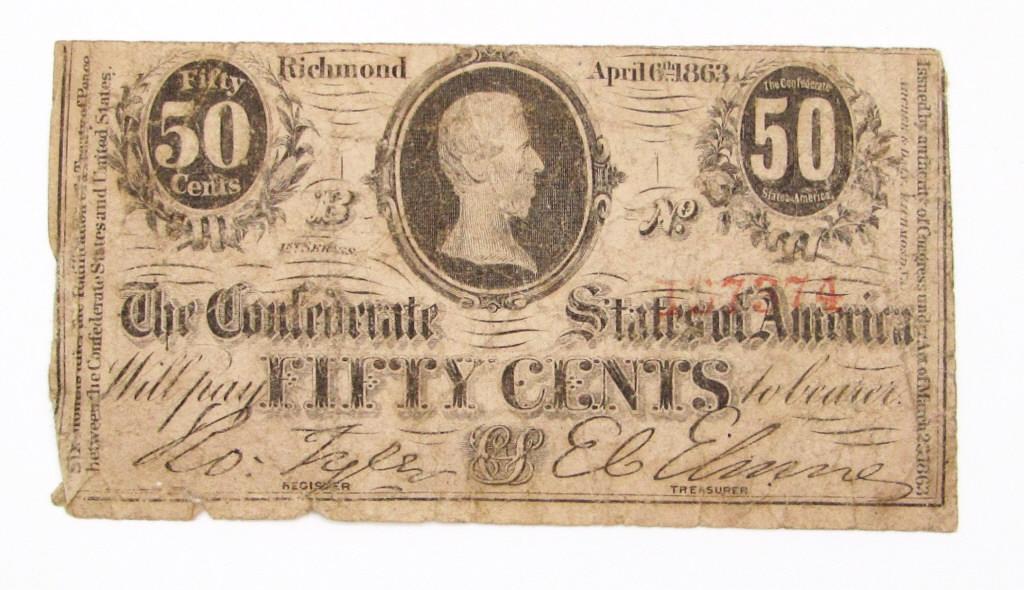 1863 FIFTY CENT CONFEDERATE NOTE (1 of 2)