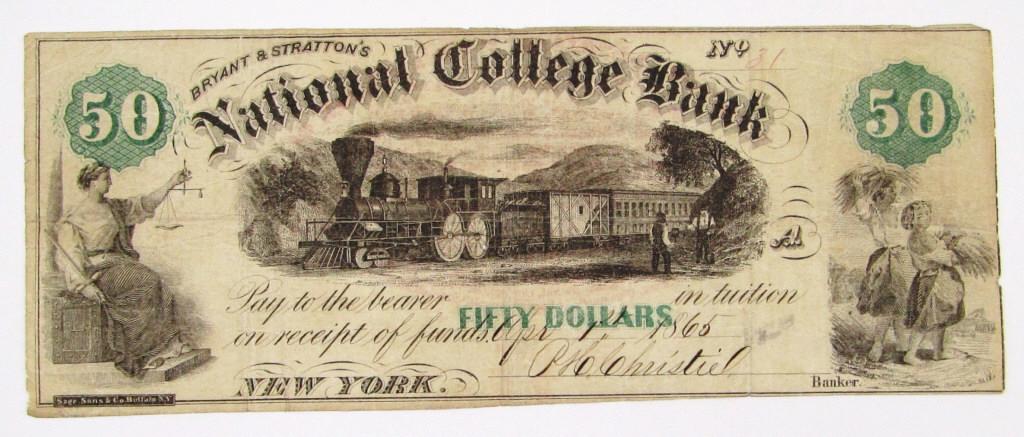 1865 $50 NATIONAL COLLEGE BANK NEW YORK (1 of 3)