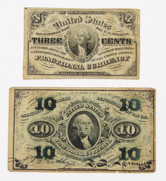 (2) 1863 FRACTIONAL NOTES 3c & 10c (1 of 2)