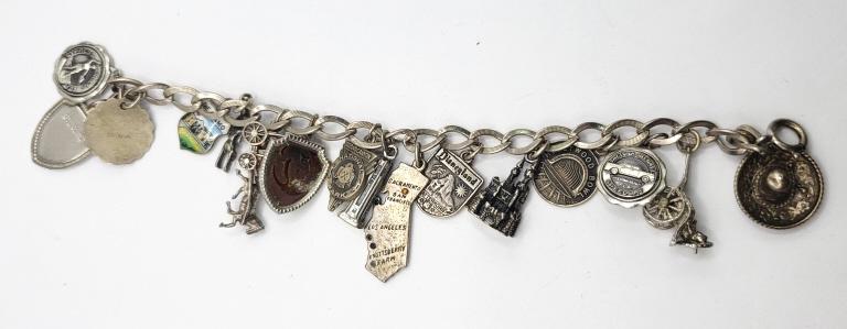 VINTAGE STERLING CHARM BRACELET WITH (16): CHARMS-TOTAL 28 DWT