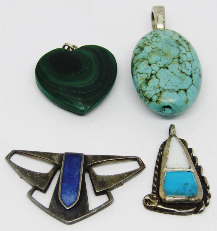 4-SOUTHWESTERN STERLING PENDANTS: MALACHITE HEART-TURQUIOSE AND MORE! TOTAL 17 DWT