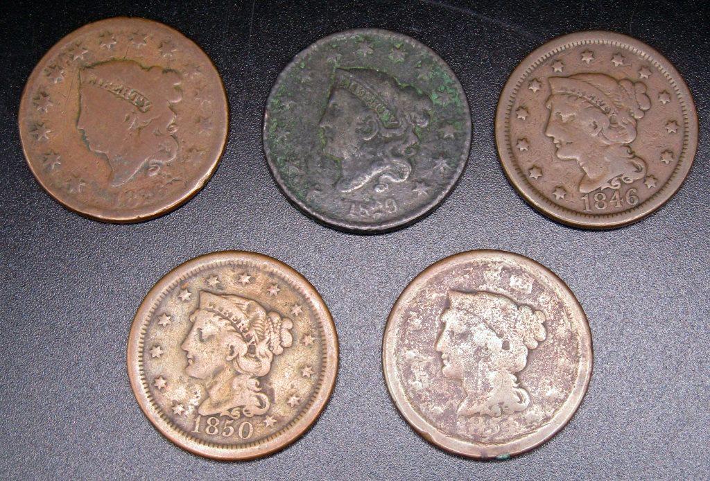 (5) LARGE CENTS 1820, 1826, 1846, 1850,1855 (1 of 2)