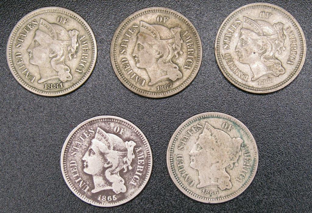 (5) DIFF THREE CENT NICKEL (1 of 2)