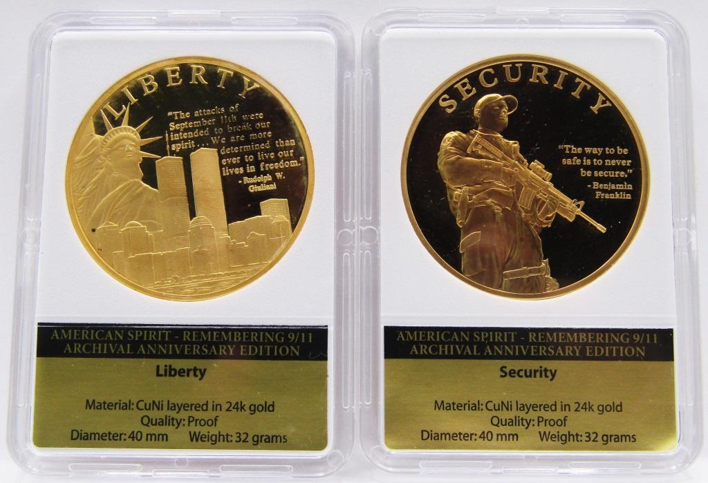 (2) REMEMBERING 9/11 COMMERMORATIVE COINS!: AMERICAN SPIRIT ANNIVERSARY COINS; LAYERED IN 24K GOLD; PROOFS; ISSUED 2016.