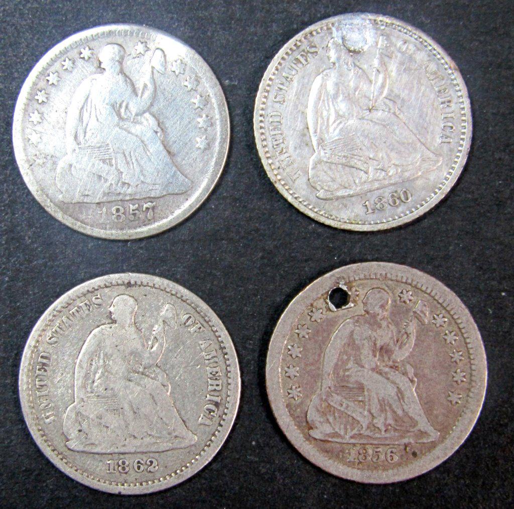 4 SEATED HALF DIMES - ALL DIFFERENT DATES (1 of 2)