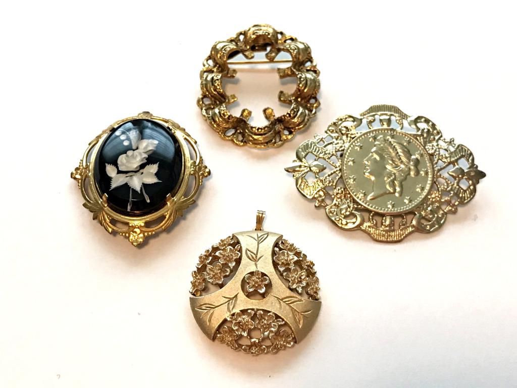 GOLD TONE LOT- 3 BROOCHES, 1 PENDANT: NOW ACCEPTING BIDS!
