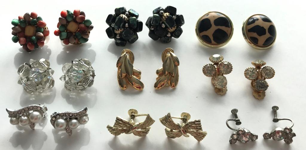 9 PRS SCREW/ CLIP ON EARRINGS CLUSTER+: LEOPARD, BOWS RHINESTONES