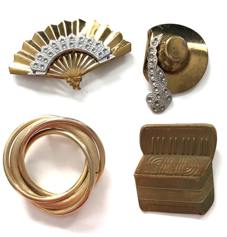 4 OLD BROOCHES 1- PIANO, 1- FAN 1-HAT (1 of 2)