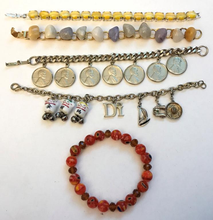 5 BRACELETS: 1 CHARM, 1 MONEY, STONES