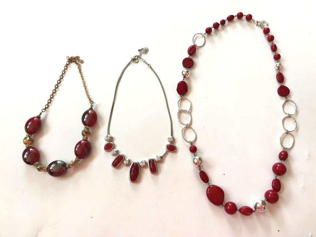 RED NECKLACE TRIO, 1 MARKED SARAG COVENTRY (1 of 3)