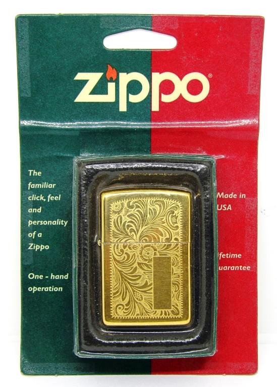 VTG. Genuine Zippo Lighter, Solid Brass Venetian!: NEW IN PACKAGING! UNOPENED!