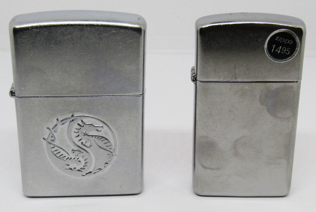 (2) NEW CHROME ZIPPO LIGHTERS!: ONE SLIM 2008 ZIPPO, ONE CHROME WITH DRAGON 2006, IN BOXEX