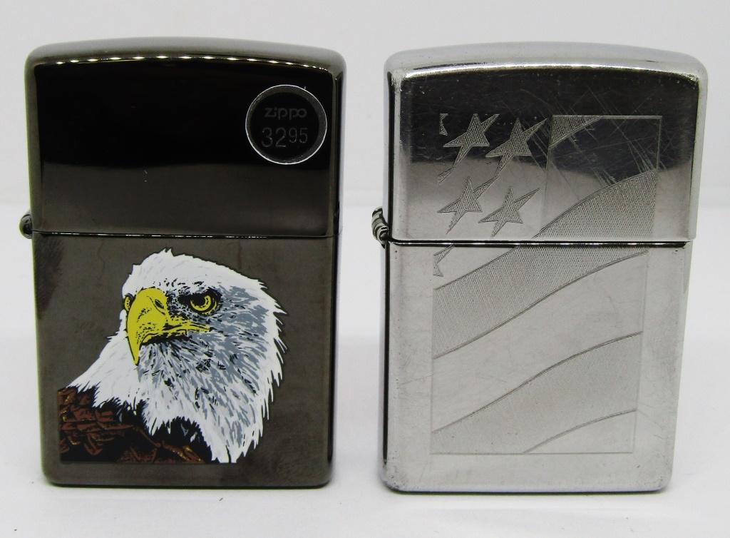 (2) CHROME AMERICAN ZIPPO LIGHTERS!: ONE BALD EAGLE 2004 UNSTRUCK, ONE FLAG 2011