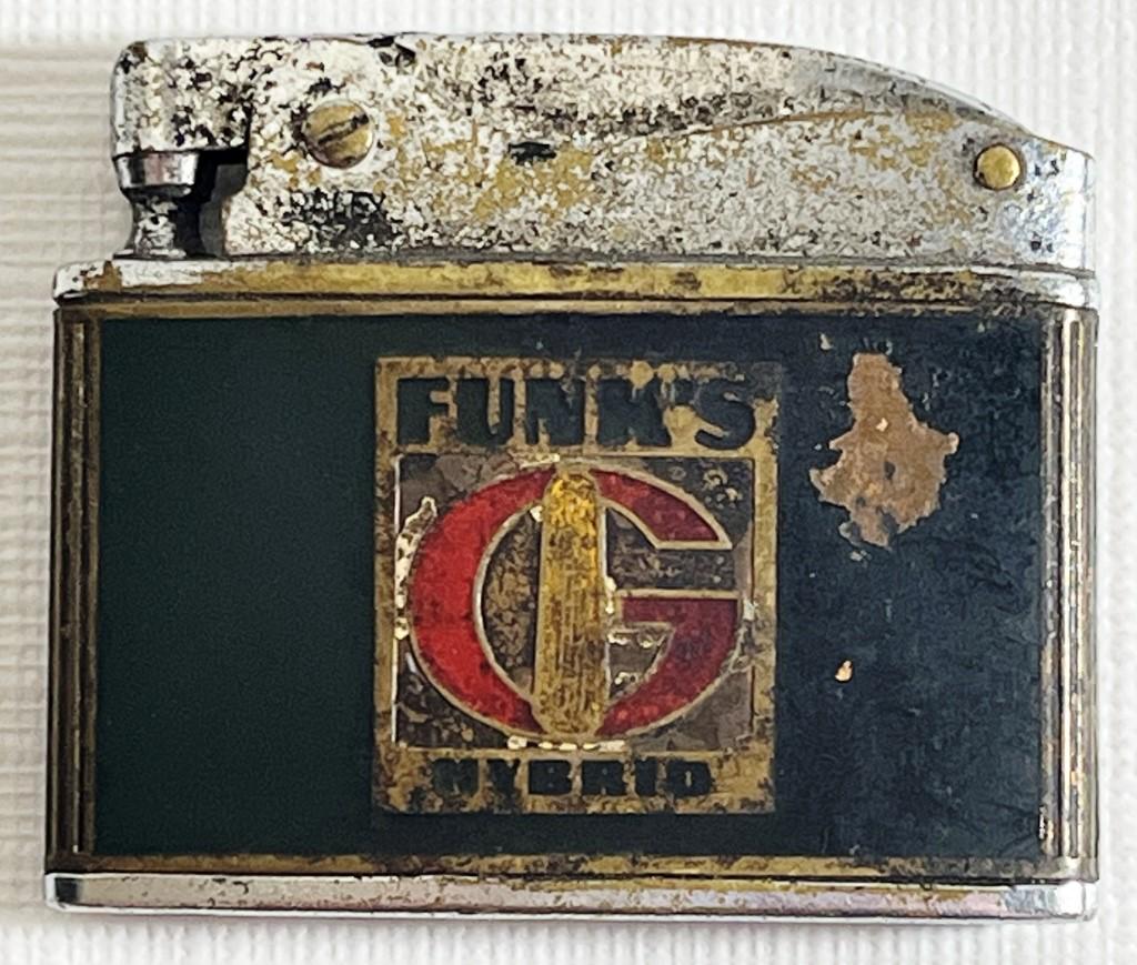 FUNK'S G HYBRID ADV. Rolex Vintage Lighter: Marked Rolex. FUNK'S G HYBRID Seed Corn Advertising Logo on front, "Compliments Your Rob-See-Co Funk's -G Dealer" on back