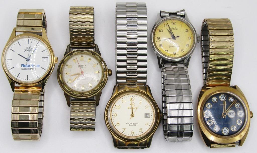 5-VINTAGE MEN'S WRISTWATCHES W/ STRETCHY: BANDS: ELIGIN WR CALENDAR-LOUIS 17 JEWELS ANITMAGNETIC-MIDO(RUNNING)TIMEX WR DAY DATE PLUS OTHER-ALL WATCHES UNTESTED/PARTS/REPAIR