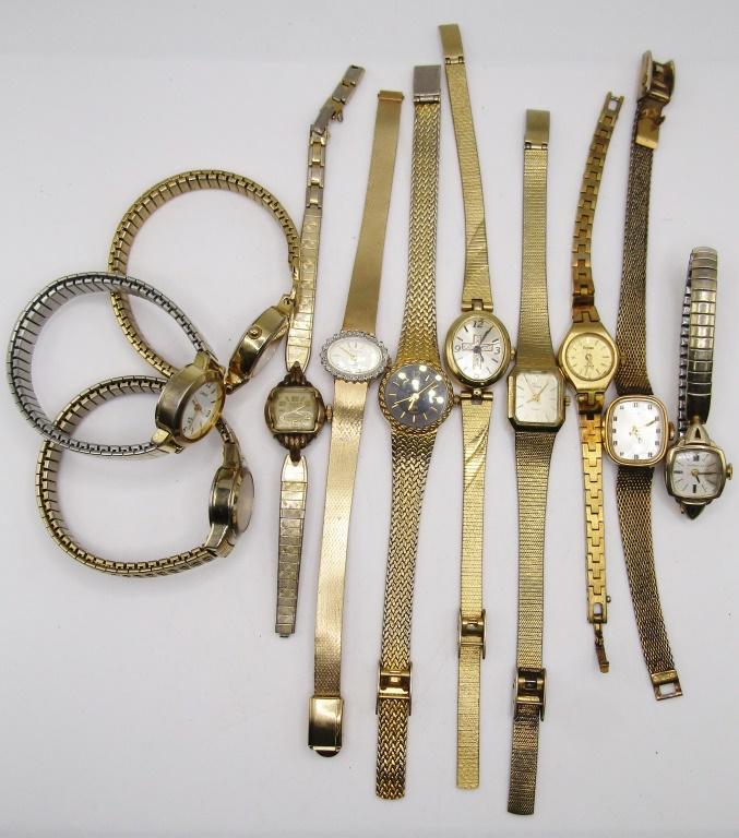 11-VINTAGE LADIES WRISTWATCHES: TIMEX: PULSAR-CARAVELLE-MAYS 17 JEWELS-ARMITRON & MORE! ALL WATCHES UNTESTED/PARTS/REPAIR