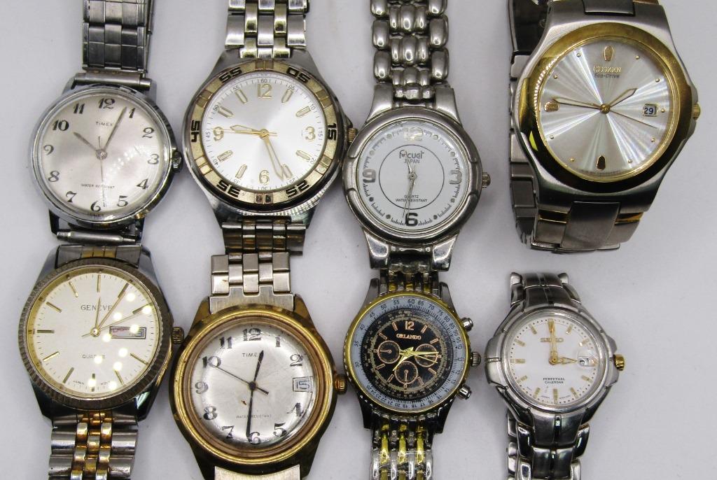 8-MEN'S SILVER TONED WRISTWATCHES: CITIZEN: ECO DRIVE CALENDAR(RUNNING)-GENEVE DAY DATE-TIMEX WR CALENDAR-SEIKO PERPETUAL CALENDAR-CHRONOGRAPH-QUARTZ-ALL WATCHES UNTESTED/PARTS/REPAIR