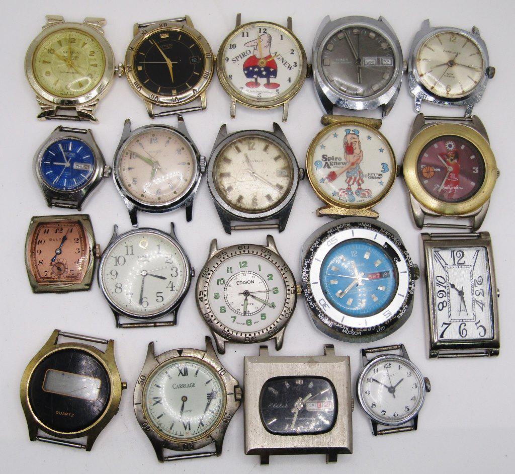 19-MEN'S WATCH FACES:CARAVELLE-TIMEX-: BULOVA-QUARTZ-MICHAEL JORDAN-SPIRO AGNEW-CITIZEN-CARRIAGE & OTHERS! ALL UNTESTED/PARTS/REPAIR