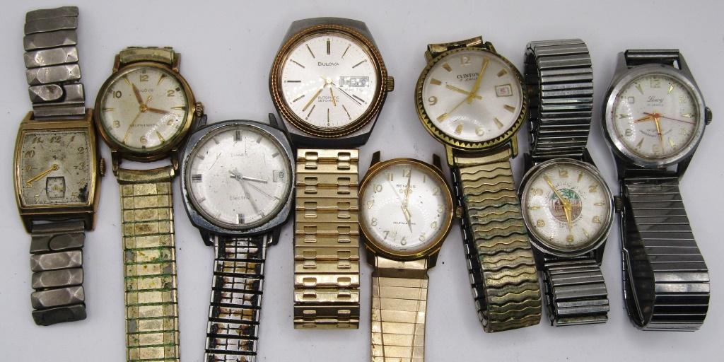 8-VINTAGE MEN'S WRISTWATCHES: BULOVA: AUTOMATIC DAY DATE-ELGIN(MISSING CRYSTAL)-CLINTON 17 JEWELS CALENDAR-OASIS COMPANY-LOWY 17 JEWELS-BENRUS SELF WINDING-BOULOVA SELF WINDING(RUNING)-TIMEX ELECTRIC CALENDAR-ALL WATCHES